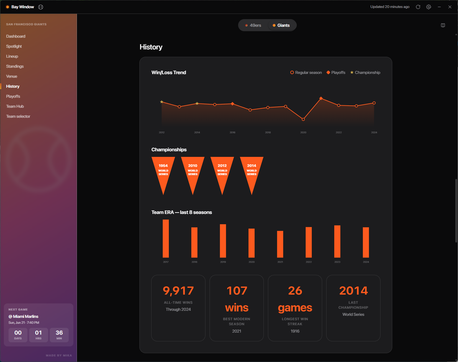 History-Ansicht im Dark Mode mit Win/Loss-Trend, Championship-Bannern und Team-ERA-Balken