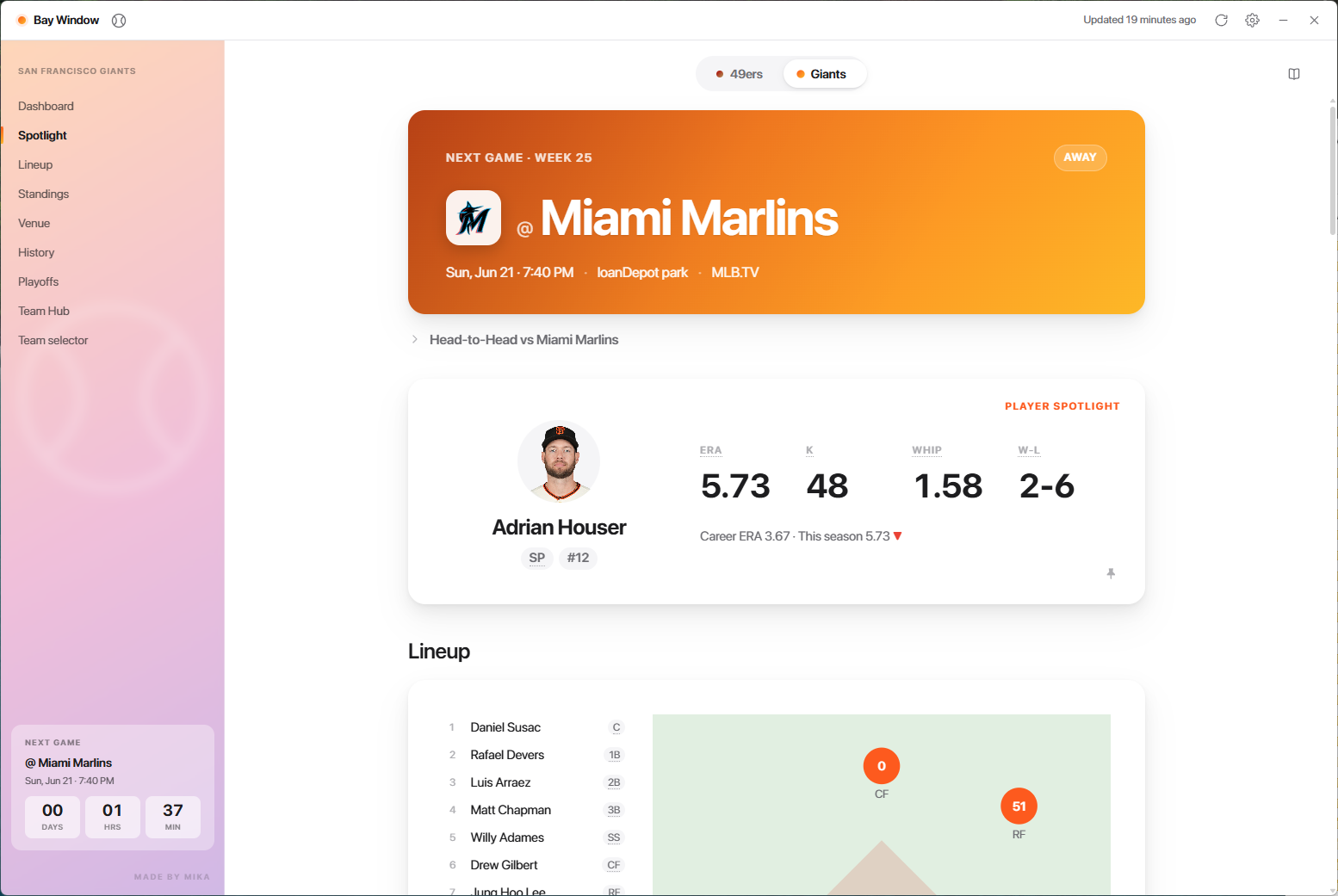 Sports Window Dashboard im Light Mode - Hero-Karte zum nächsten Spiel, Player-Spotlight und Lineup-Diagramm