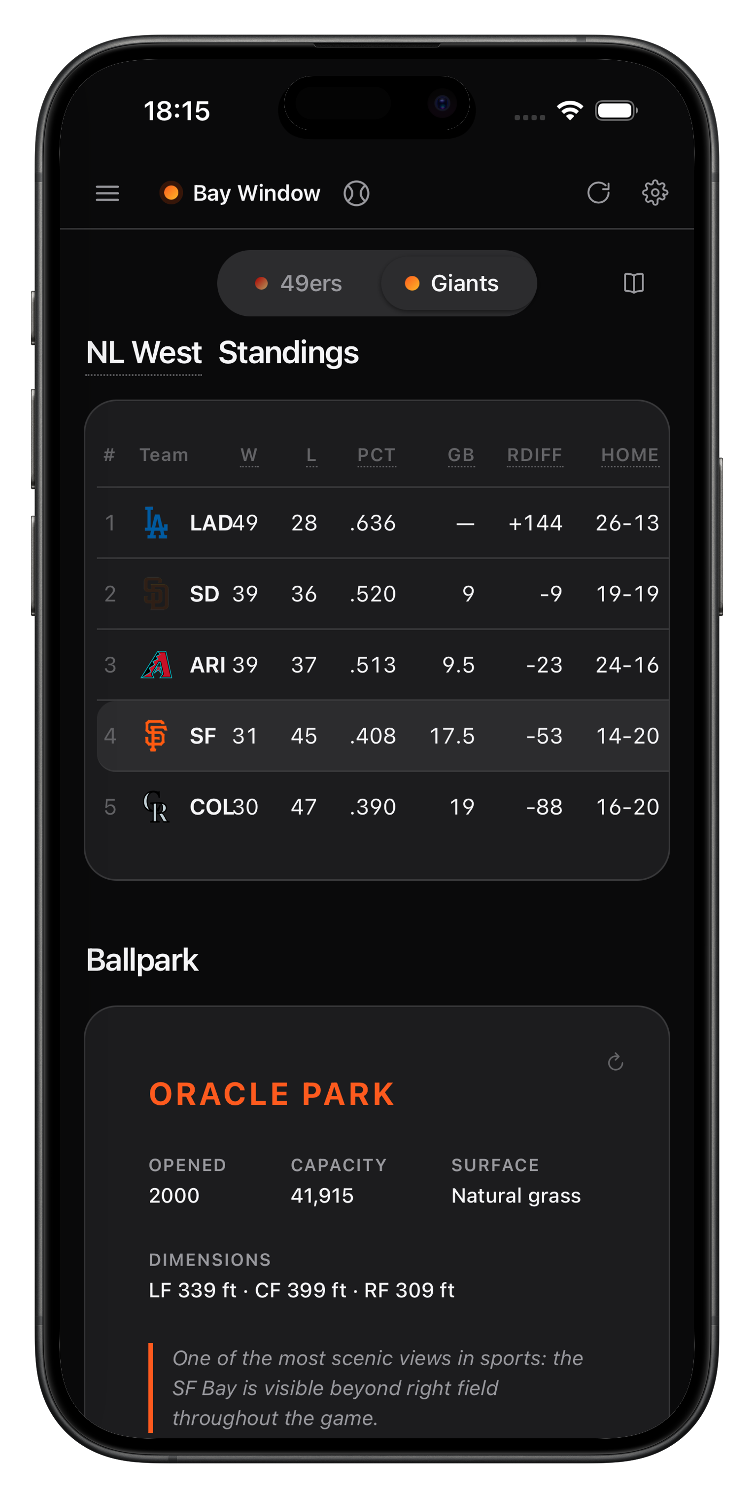 Standings im Dark Mode auf dem Smartphone